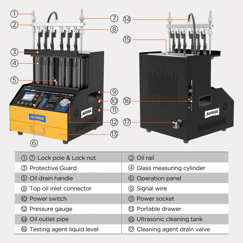 LIMPIADOR Y COMPROBADOR 6 INYECTORES COMBUSTIBLE GDI, EFI, FSI, STANDAR 15 FUNCIONES AUTOOL CT500