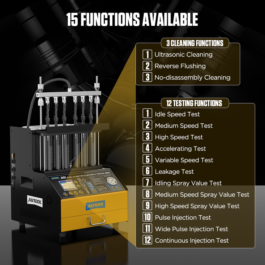 LIMPIADOR Y COMPROBADOR 6 INYECTORES COMBUSTIBLE GDI, EFI, FSI, STANDAR 15 FUNCIONES AUTOOL CT500