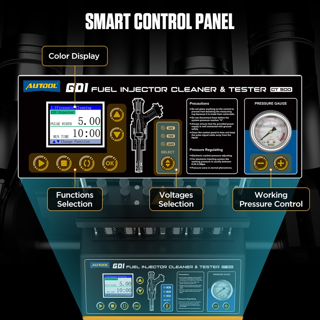 LIMPIADOR Y COMPROBADOR 6 INYECTORES COMBUSTIBLE GDI, EFI, FSI, STANDAR 15 FUNCIONES AUTOOL CT500