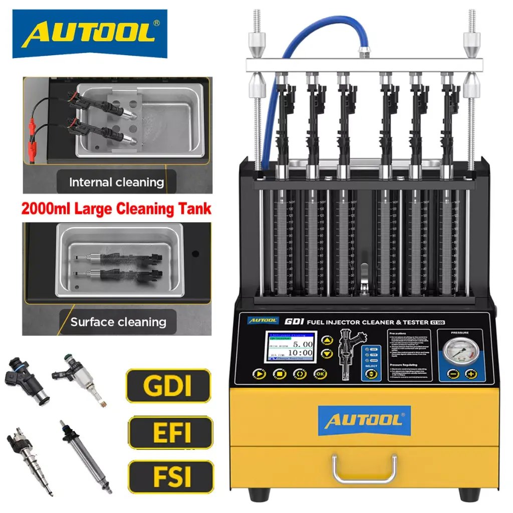 LIMPIADOR Y COMPROBADOR 6 INYECTORES COMBUSTIBLE GDI, EFI, FSI, STANDAR 15 FUNCIONES AUTOOL CT500