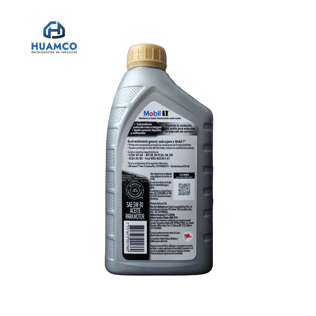 ACEITE MOBIL 1 5W-30 SINTETICO API SP MOTORES GASOLINA 1L 651327-1