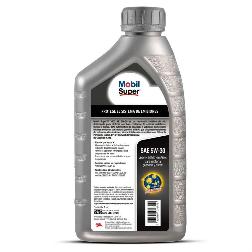 ACEITE MOBIL 5W-30 SUPER 100% SINTETICO API SP  MOTORES GASOLINA Y GAS 1L :PE 651457-1