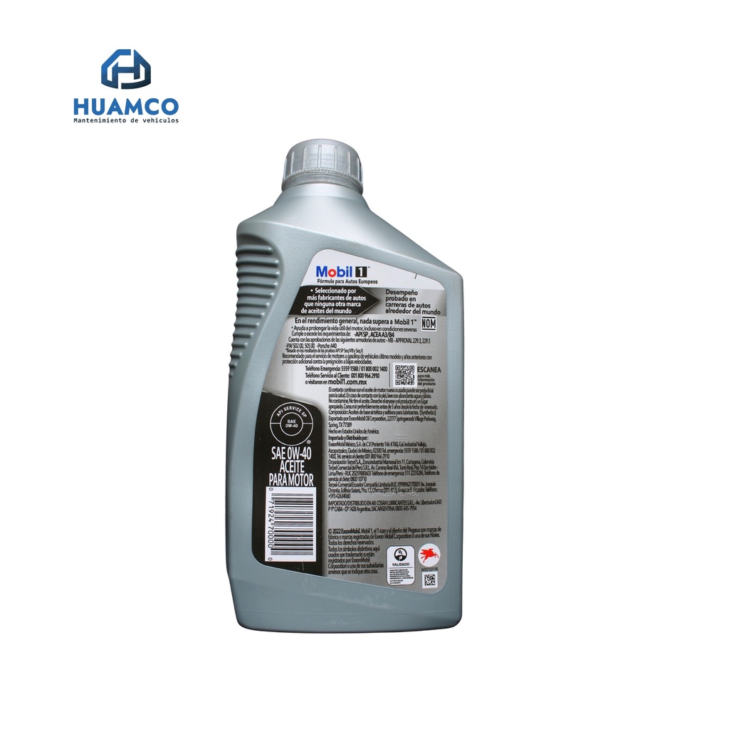 ACEITE MOBIL 1 FS 0W-40 SINTETICO AVANZADO API SP MOTORES GASOLINA 1L : PE 651324-1