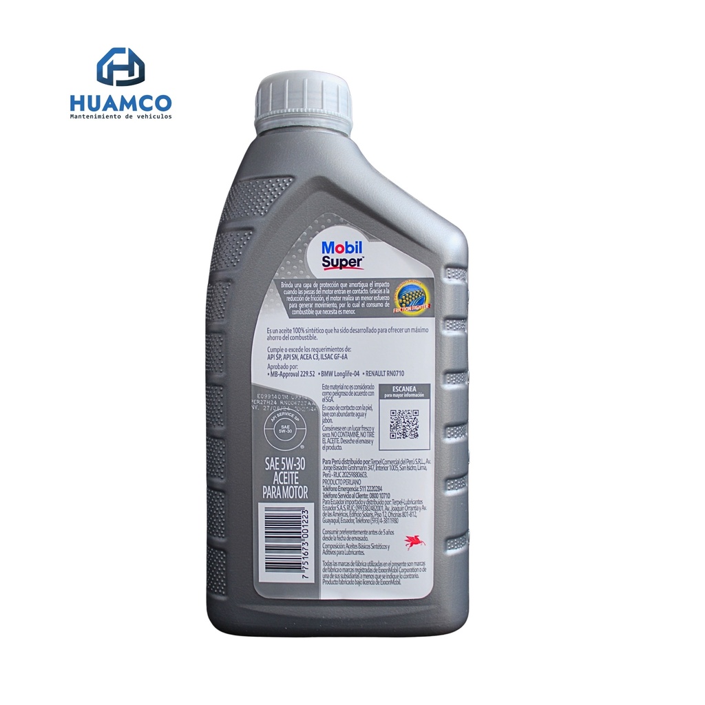 ACEITE MOBIL 5W-30 SUPER 100% SINTETICO API SP  MOTORES GASOLINA Y GAS 1L :PE 651457-1