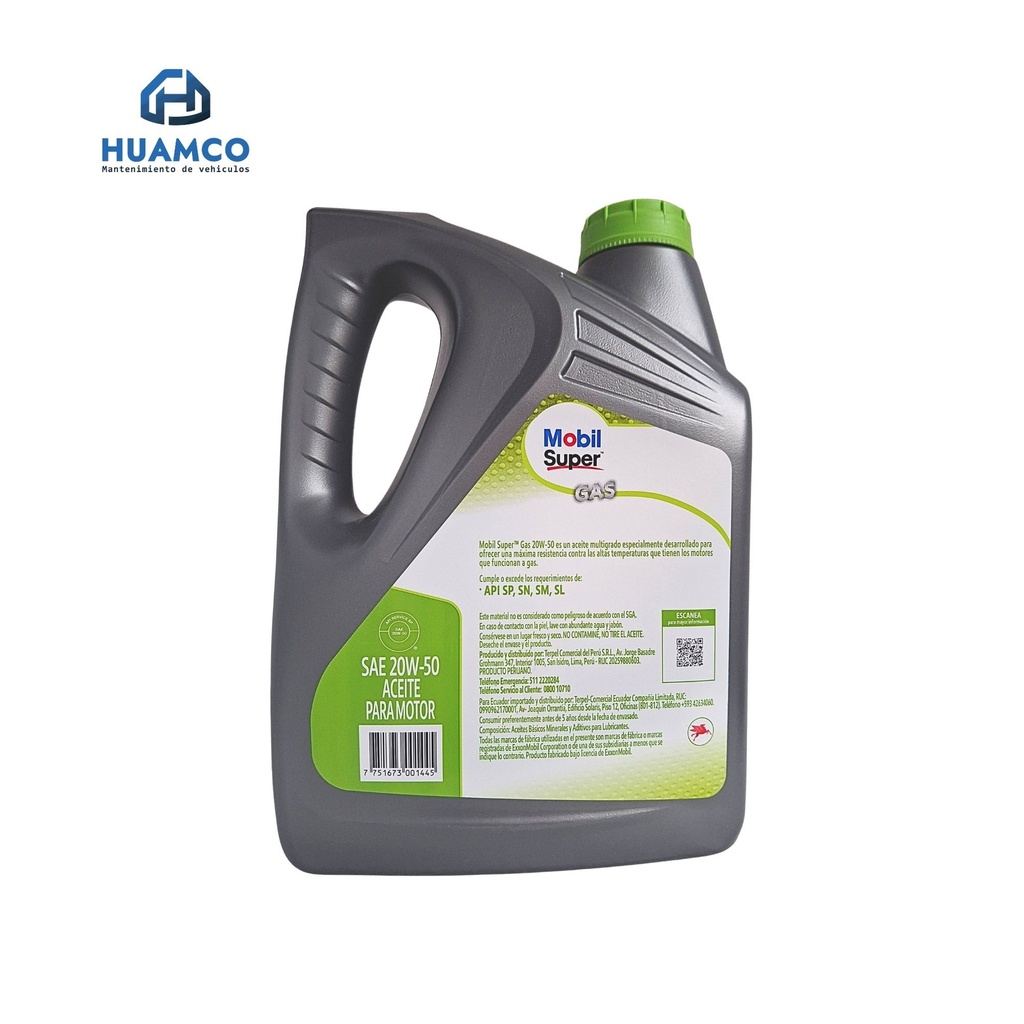 ACEITE MOBIL SUPER GAS 20W-50 MULTIGRADO MOTORES GAS GNV GLP API SP 4L :PE 651299-1