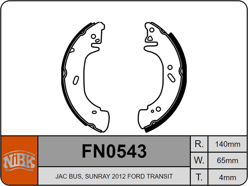 KIT ZAPATA FRENO NIBK ANCHO 64MM / JAC SUNRAY, TRANSIT 150, MOVANO 1900, MASTER II 1900, T28 2500, T33 1900, T33 2500 / FN0543
