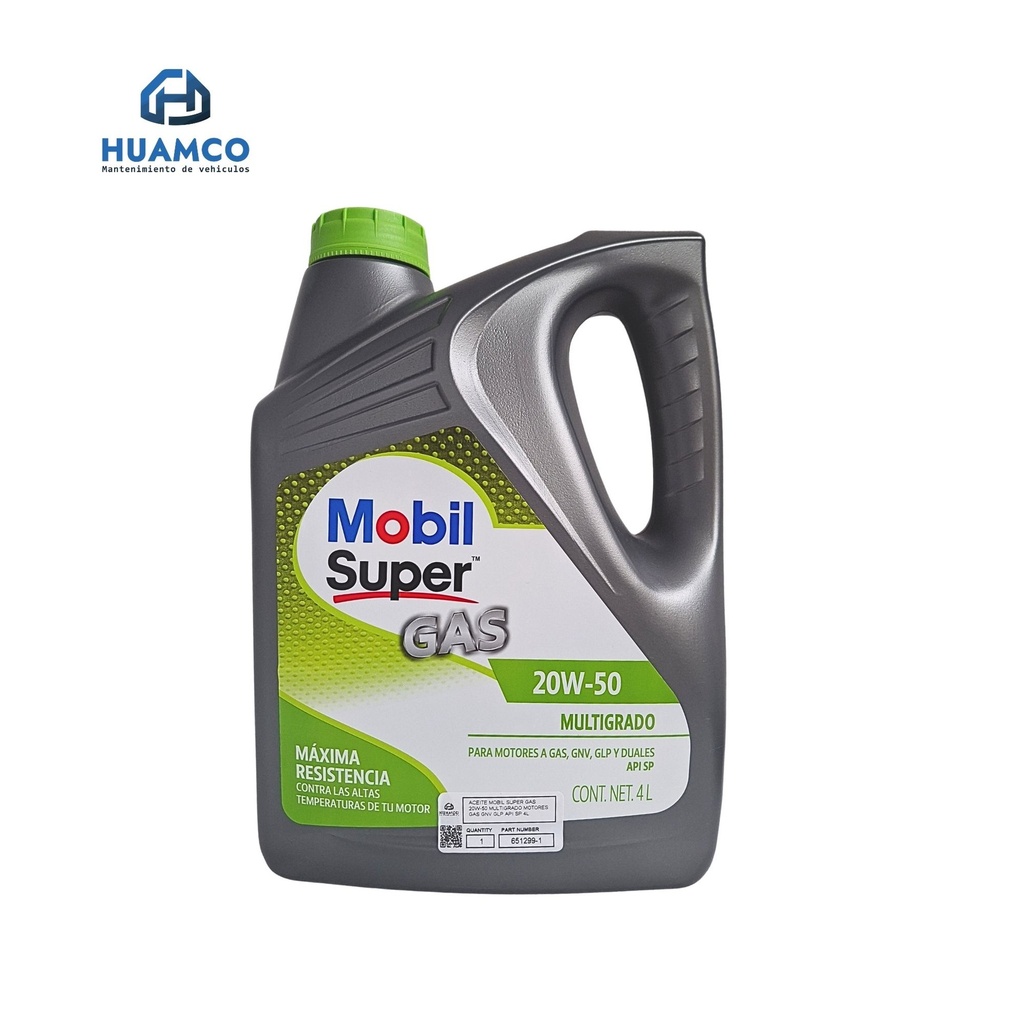 [651299-1] ACEITE MOBIL SUPER GAS 20W-50 MULTIGRADO MOTORES GAS GNV GLP API SP 4L :PE 651299-1