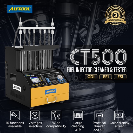 [CT500] LIMPIADOR Y COMPROBADOR 6 INYECTORES COMBUSTIBLE GDI, EFI, FSI, STANDAR 15 FUNCIONES AUTOOL CT500